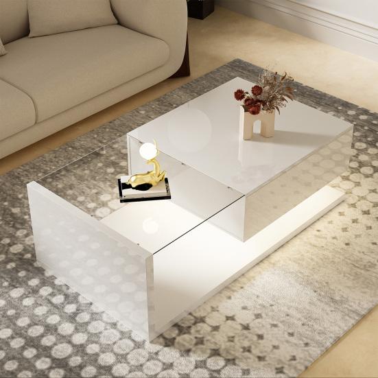Couchtisch Hochglanz Glas Mitteltisch mit Schublade Öffnungsregal Einfache Montage Rechteckform LED Teetisch Zuhause