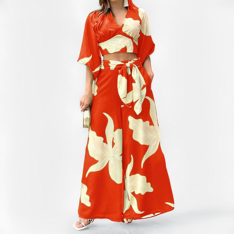 European and American women's clothing, new spring models, fashionable flower printing slim-fitting wide-leg trousers set