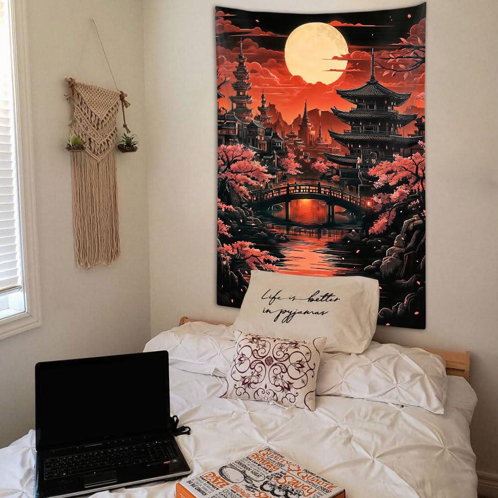 VIKAMA Japanese Moonlit Cherry Blossom Ancient Castle Tapestry Art Vertical Dormitory Living Room Wall Hanging Room Decoration