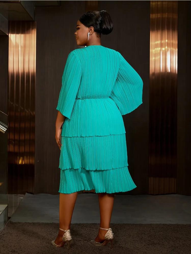 Women Elegant Chiffon Pleated A Line Cake Dress V Neck Half Sleeve High Waist Tiered Dresses Formal Work Office Daily Clothings