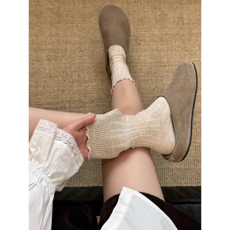 

Black Ear-rimmed Women s Mid-calf Socks for Spring and Autumn, Coffee-colored Retro Pile Socks for Autumn and Winter, Pure Cotton Versatile and Trendy 1 pair бежевий