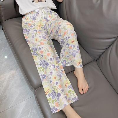 Summer Women's Cotton Rayon Ankle-Length Lounge Pants Thin Loose Fit AC Homewear with Elastic Waist