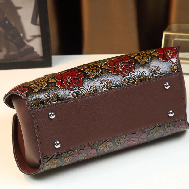 European and American Retro Flower Pattern Mature Women's Handbag Luxury PU Leather Tote Bag Commuter Bag