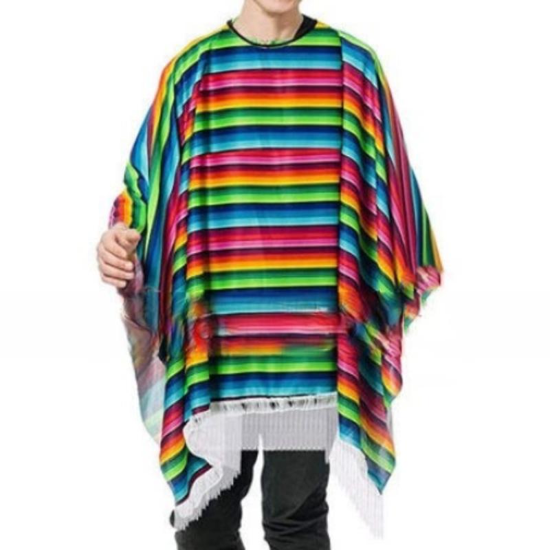 Retro Mexicaanse Poncho Sjaal Mannen Vrouwen Kostuum Cosplay Mantel Festival Feest Etnische Streep Kleurrijke Wijde Poncho Voor Volwassenen Kinderen One Size red