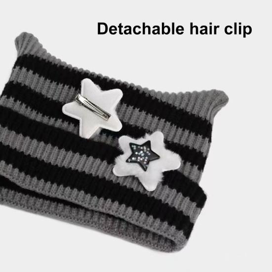 Winter Knitted Hat Cat Ear Design Plush Ball Decor Striped Print Windproof Warm Women Hat Cold Weather Headwear