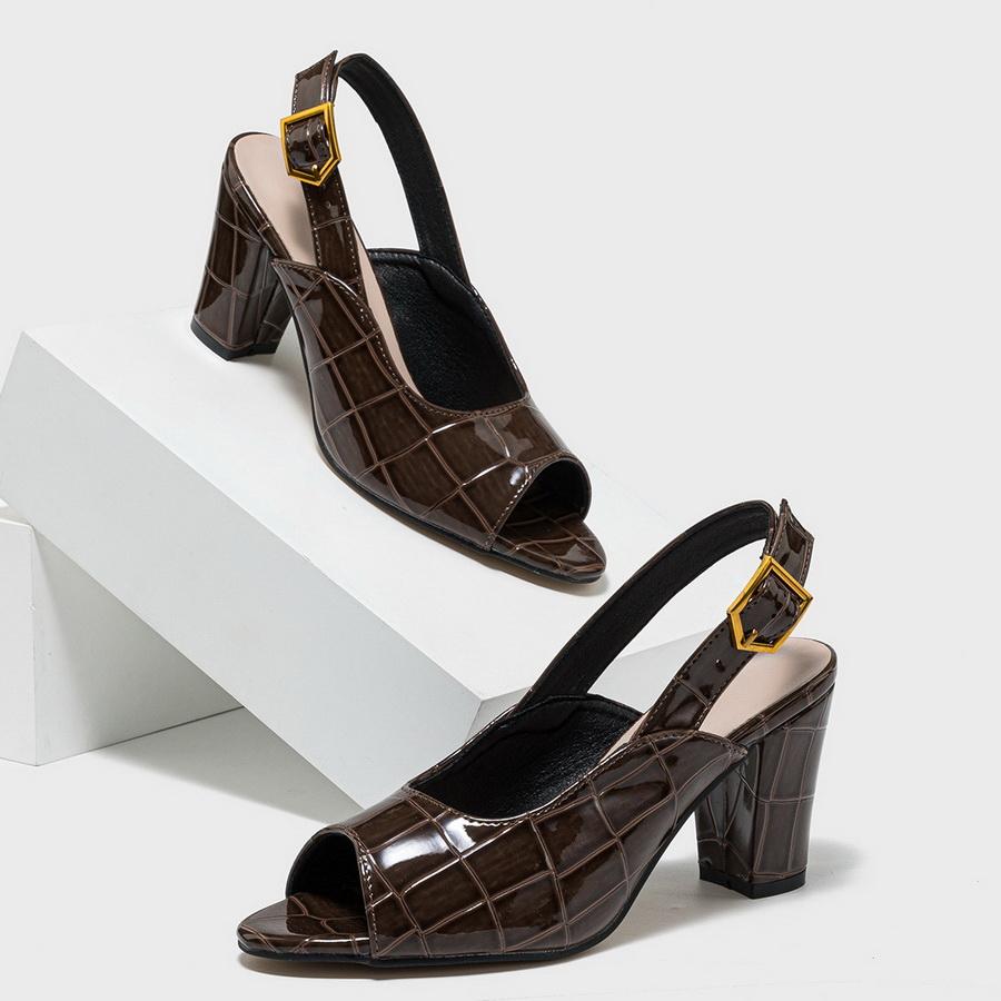 

Women Stone-patterned PU High Thick Heel Sandals Office Banquet Buckle Strap Single Shoes Nightclub Party Wedding Heeled Sandals 35 темно-коричневого