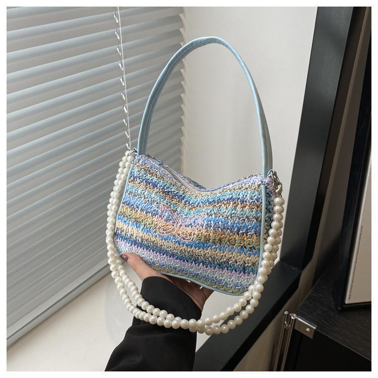 

Trendy 2024 New Summer Woven Women s Bag Pearl Hand-held Single Shoulder Crossbody Small Square Bag Striped Mini Bag Women Purple синий