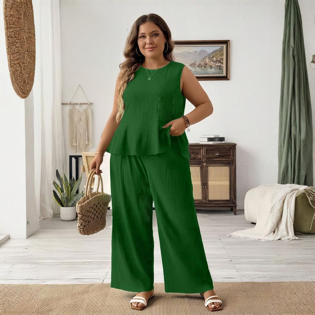 Damski letni casualowy modny top bez rękawów w dużym rozmiarze, luźny i wygodny, spodnie z szerokimi nogawkami, zestaw dwuczęściowy