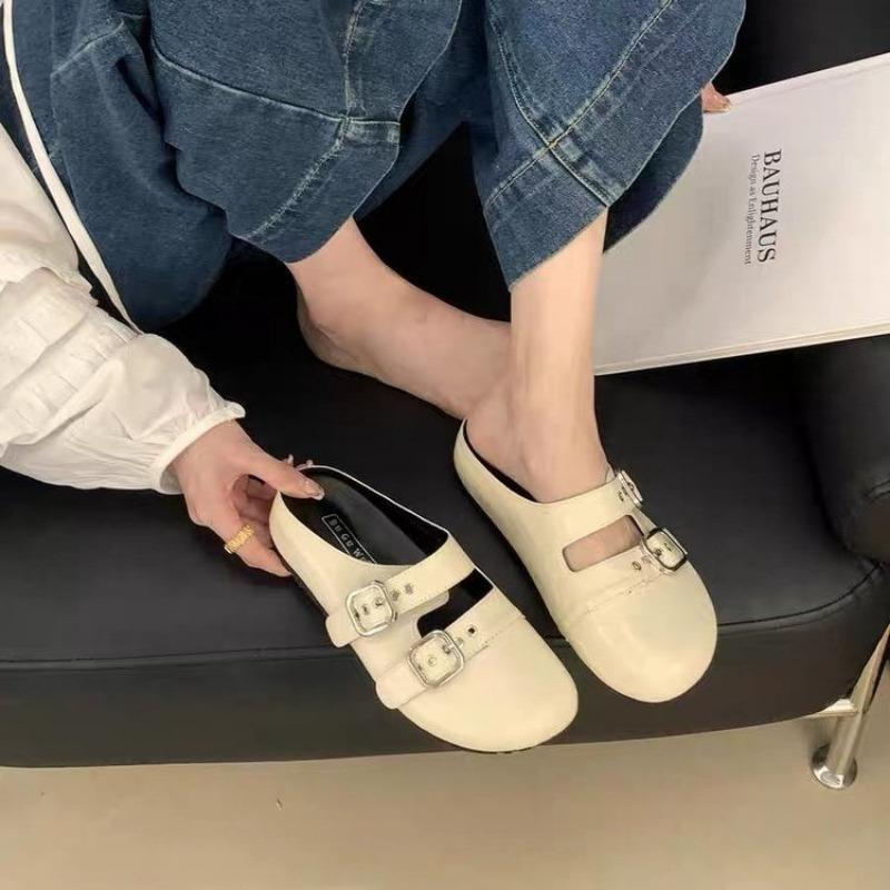 Fashion Spring Baotou Slippers for Women Round Head Shallow Mouth Rivet Metal Buckle Soft Soled Non-slip Wear-resistant Flat Shoes