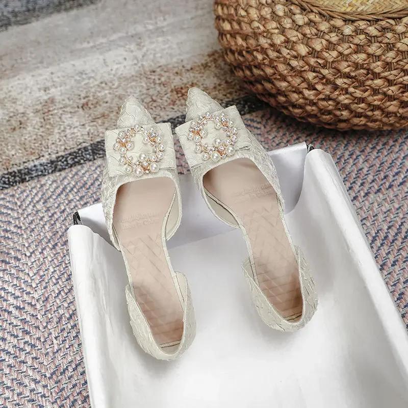 Fashion Baotou hollow sandals women's medium heel 2025 new pearl fairy style fashion thin heel pointed summer women's single shoes