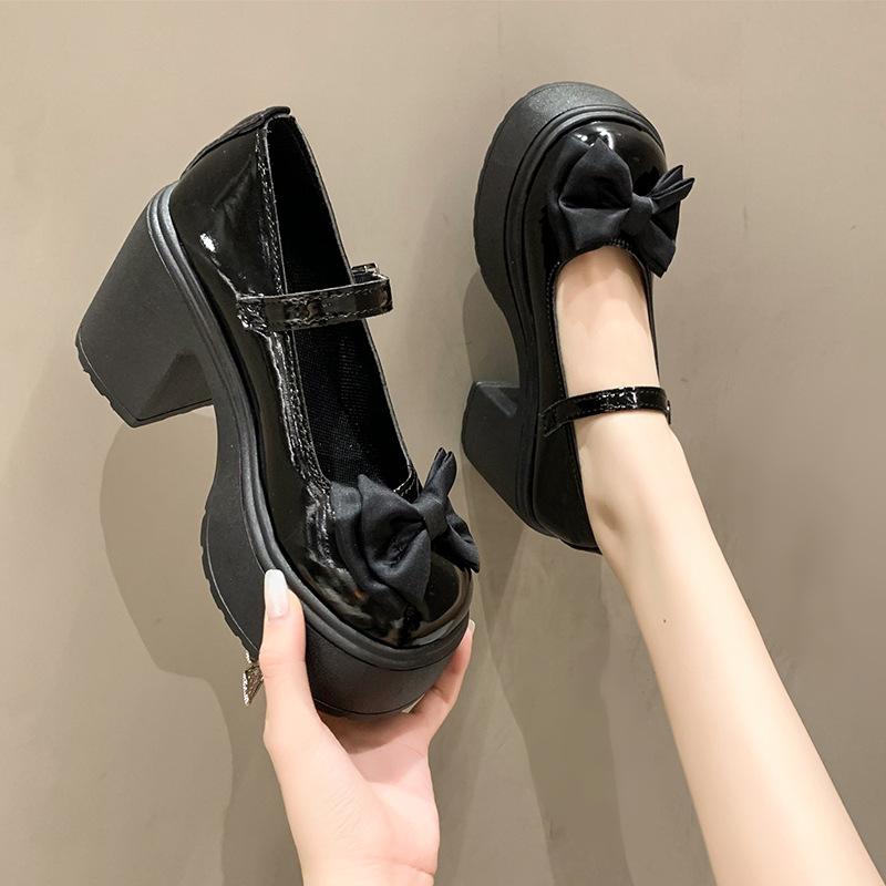 Mary Jane shoes women's autumn and winter 2025 new round head with bow small leather shoes thick heel platform high heels