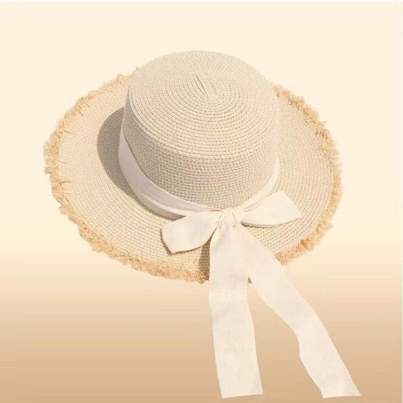 Hepburn wind flat top sunscreen straw hat women's summer big brim sunshade bucket hat seaside vacation beach sun hat
