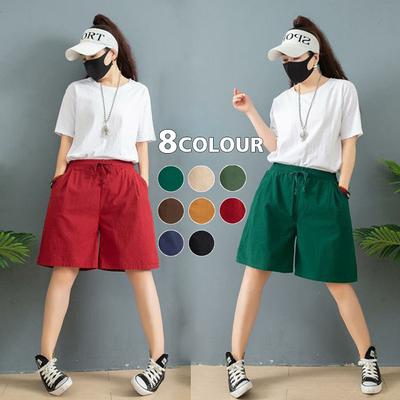 Women Summer Solid Color Drawstring Breathable High-Waisted Wide-Leg Casual Big Pocket Shorts Pants