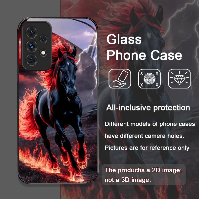 Creative Flame Black Horse Pattern Tempered Glass Phone Case for Samsung Galaxy A56 A72 A55 A54 A53 A52 A36 A51 A15 A14 5G Cover