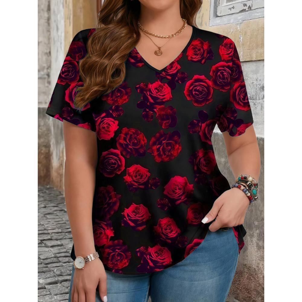 Elegant Floral V-Neck Women's Plus Size T-Shirt - Soft Casual Comfort Fit Short Sleeve Top