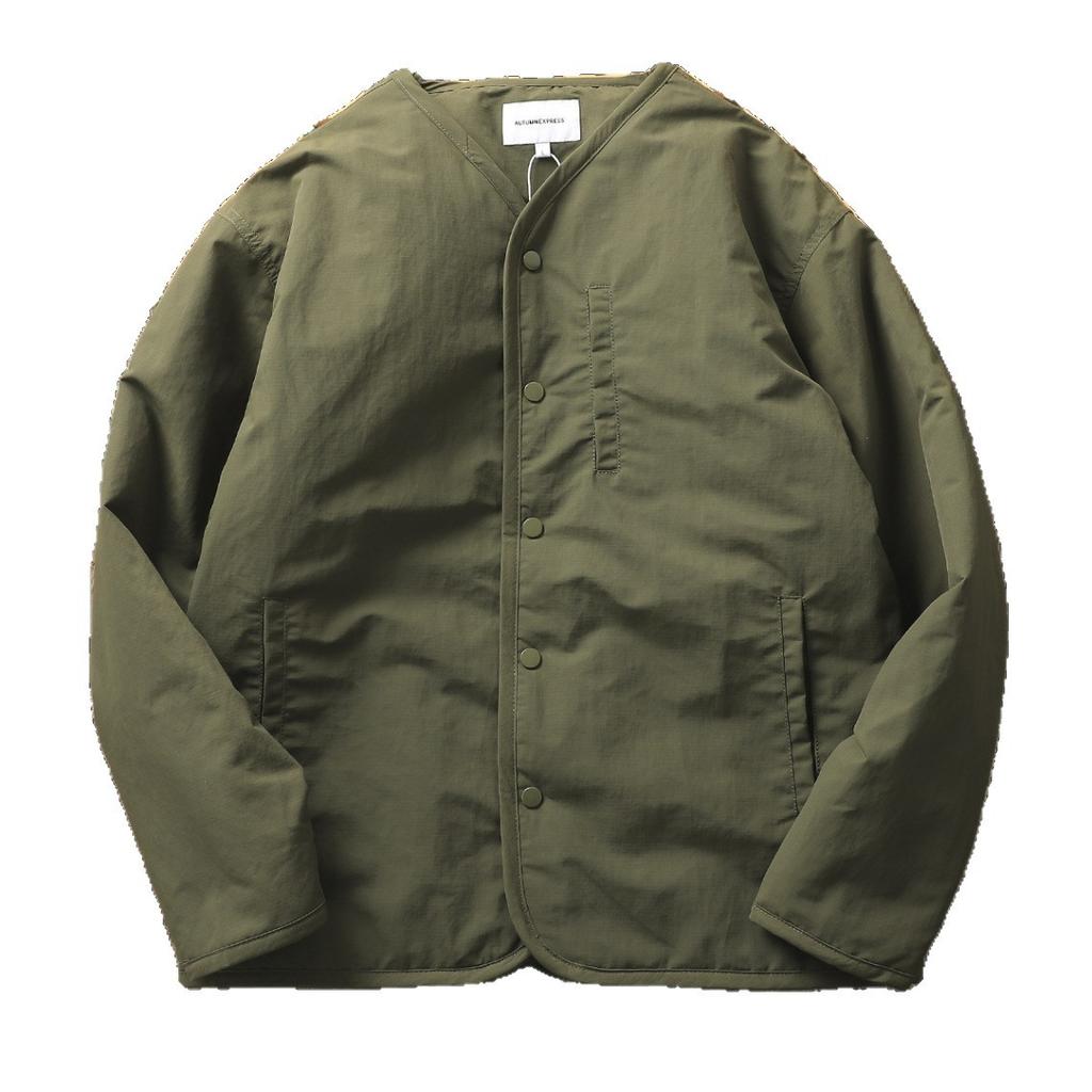 Men Collarless Quilted Liner Jacket Solid Color Button Down Lightweight Padded Coat