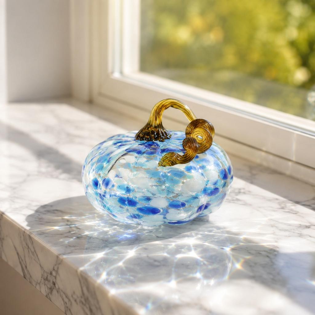 Hand Blown Glass Pumpkin Ornament with Swirled Stem for Table Centerpiece Fall Harvest Party Home Decor Display