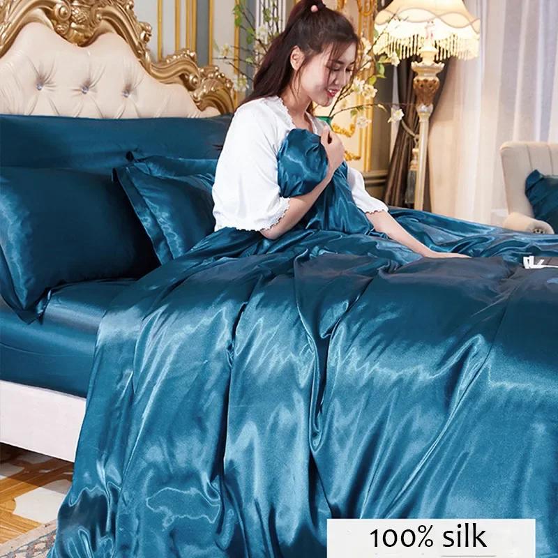 Fashion 100% Mulberry Silk Bedding Sets Quilt Duvet Cover Pillowcase Bedsheet King Queen Twin Size Bedding Sets Covers