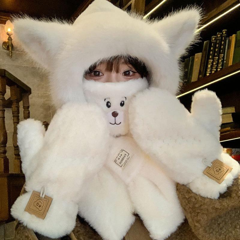 Autumn and Winter New Warm Plush Scarf Hooded Plush Thickened Cute Bear Hat Scarf Integrated Two-piece Set for Women