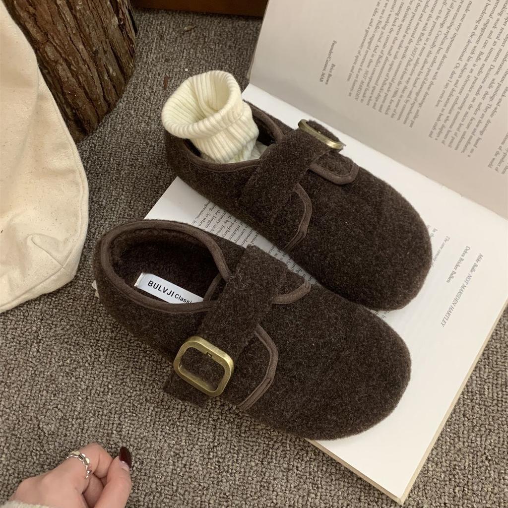 Gray fluffy shoes for women to wear in winter, new Korean version of woolen single shoes for women, flat-soled Doudou shoes, velvet thermal cotton sh