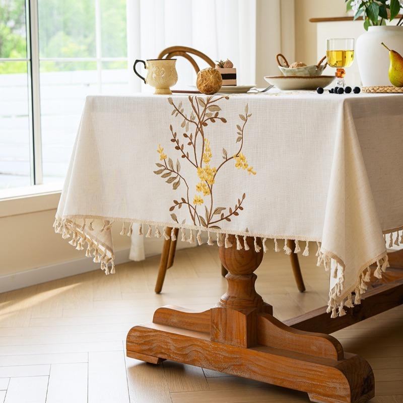 Rectangle Embroidered Tassel Tablecloth American Waterproof Floral Dining Table Cloth Home Decor Tea Table Dustproof Table Towel