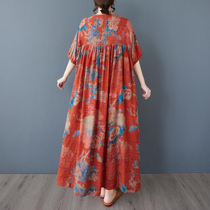 DIMANAF 2025 Women Plus Size Vintage Summer Dress Floral Short Sleeve Casual Basic New Printing Dress Loose Long Dress