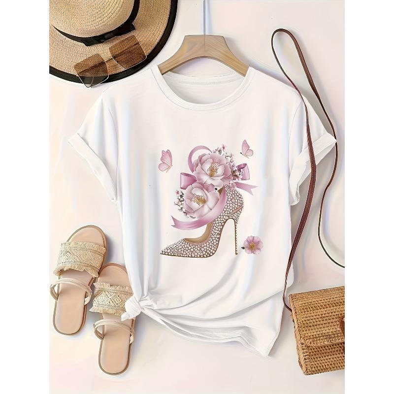 T-shirt alla moda da donna taglia europea con stampa floreale e tacco alto - Casual con scollo rotondo, Top Primavera/Estate/Autunno con Applicazione,