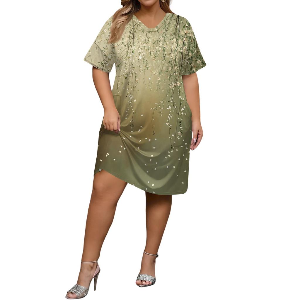 Summer Plus Size V Neck Short Sleeve Knee Pocket  Print Casual Dress For Women