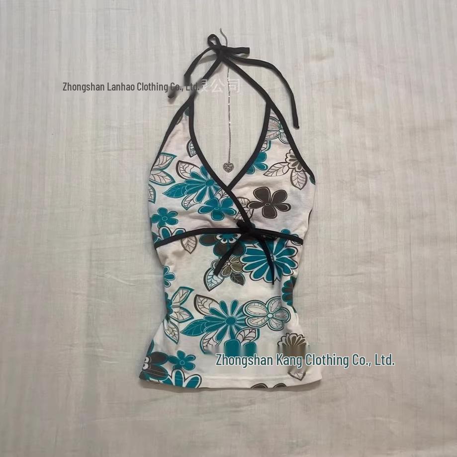 Blue & White Floral Halter Tank for Women - Slimming, Sleeveless Base Layer