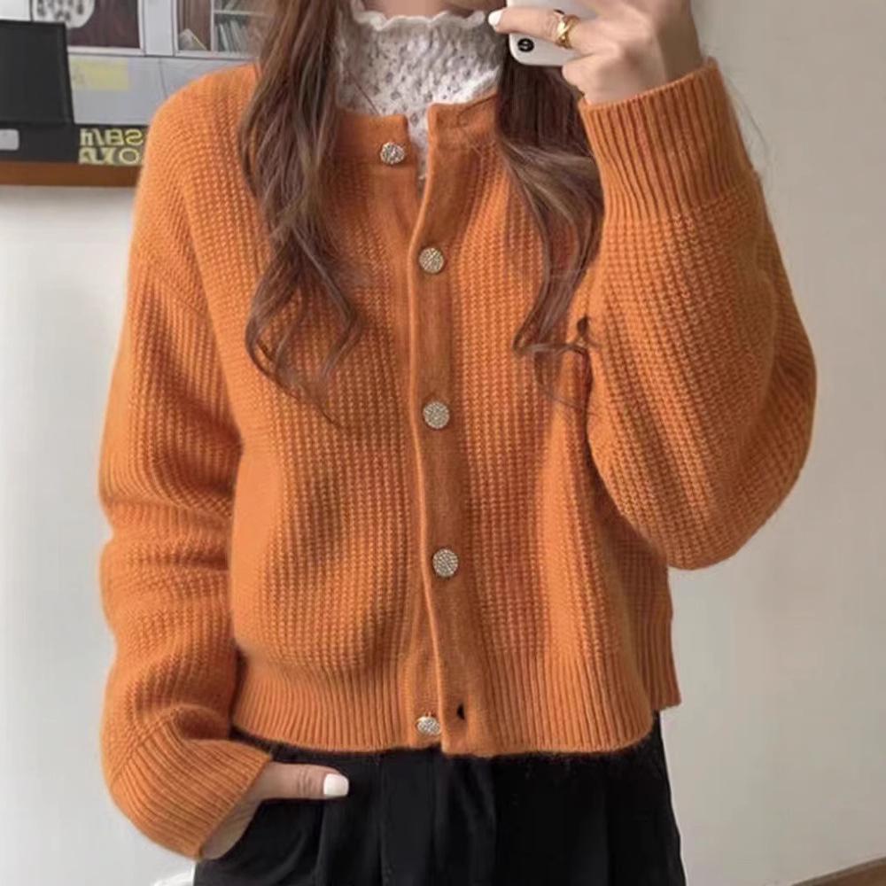 European 100% Pure Wool Knitted Cardigan: Women's Round Neck, Autumn/Winter, High-End Loose Fit Sweater Coat
