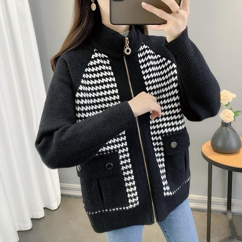 

Верхняя одежда, женский весенне-осенний короткий свободный модный двусторонний вязаный кардиган с сеткой «Тысяча птиц» S чёрный