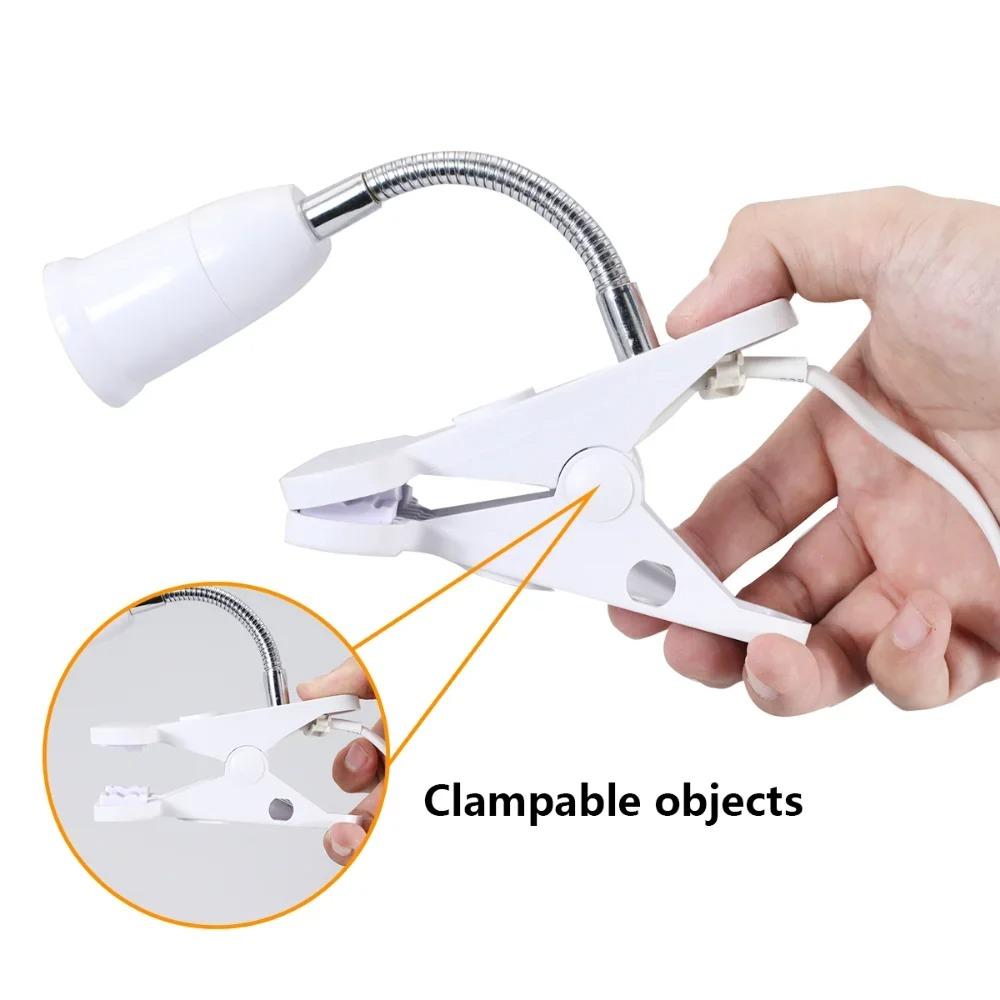 Flexible Aluminum Neck Clip Lamp Holder E26/E27 Clamp Light Fixture with ON/OFF Plug in Cord Desk Lamp Holder for Study Work