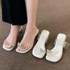 French Bow Rhinestone Cover Toe Transparent Thick Heel Slippers 2025 New Summer Fairy Style High Heel Sandals Female