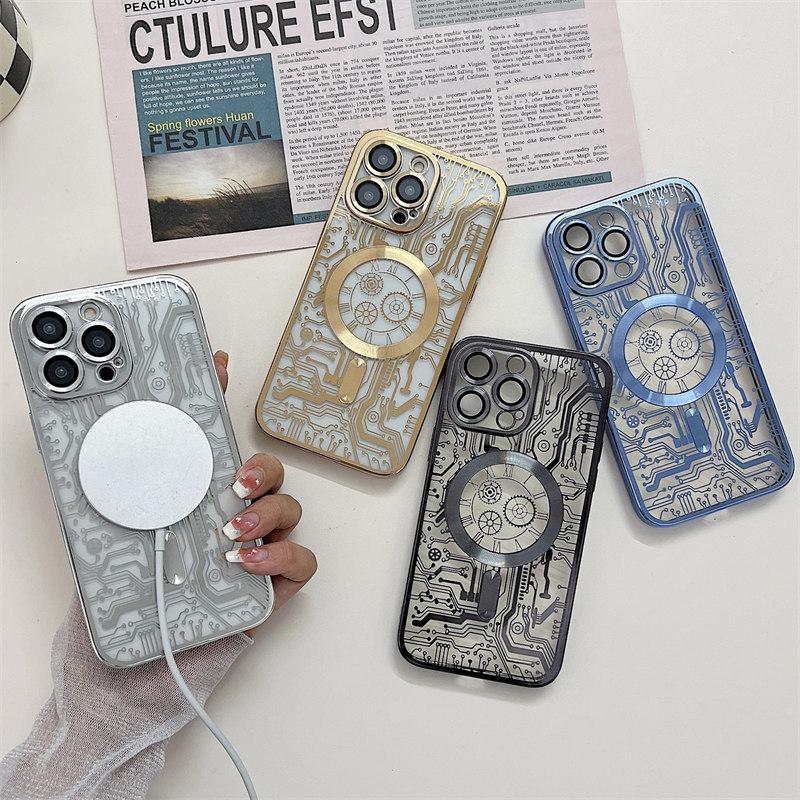 Luxury Line Mechanical Magnetic Wireless Charging Electroplated Case for iPhone 14 13 12 11 Pro Max All-inclusive Fall Protection Cover