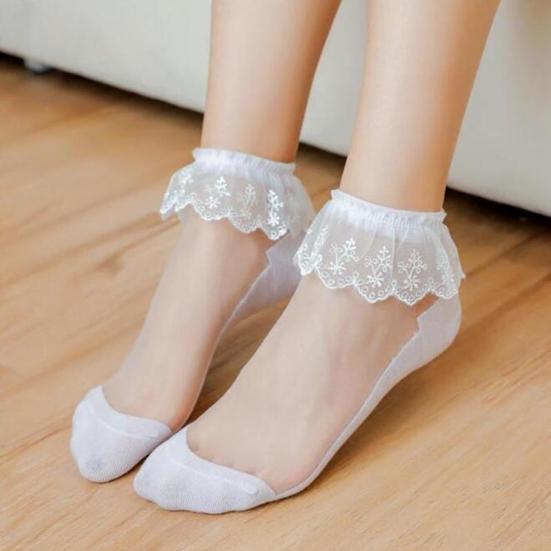 Women Lolita Transparent Mesh Crew Socks Sweet Ruffled Lace Trim Bowknot Cute Love Heart Pattern Anime Princess Hosiery