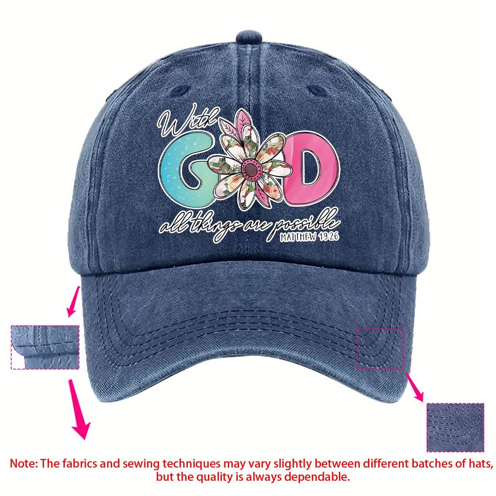 With God All Things Are Possible Flower Print Baseball Cap Polyester Casual Sport Outdoor Sun Hat