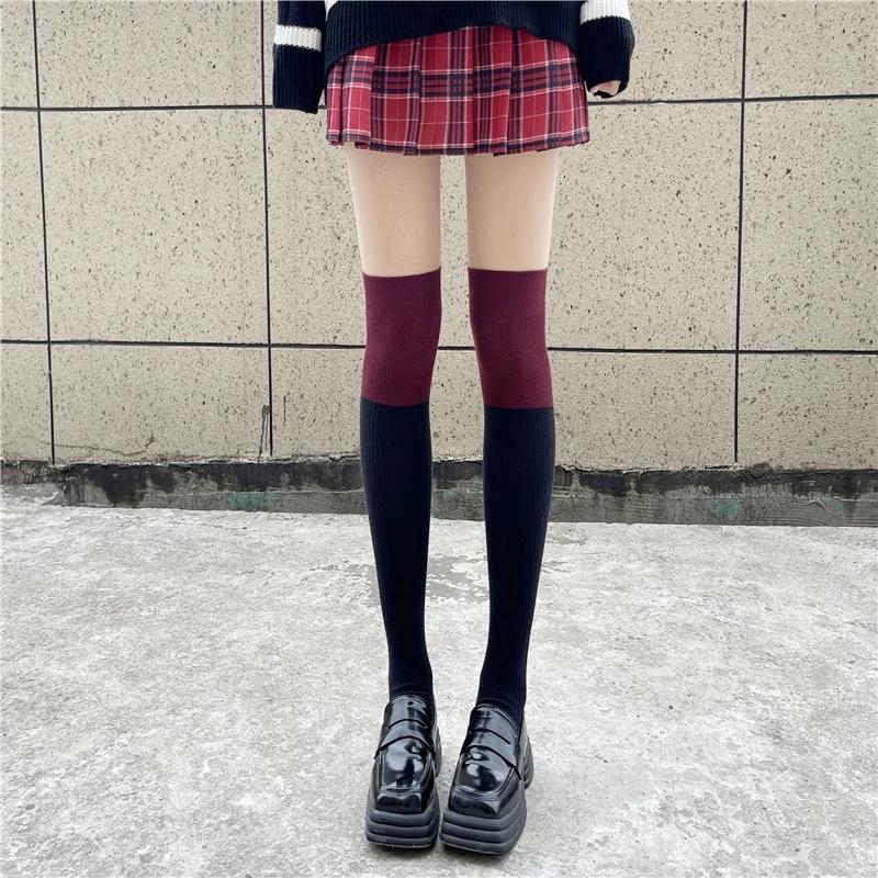 

Ankela Красные Контрастного Цвета Модные Женские Гольфы Выше Колена Ретро Школьный Стиль Гольфы с Отворотом 1 pair