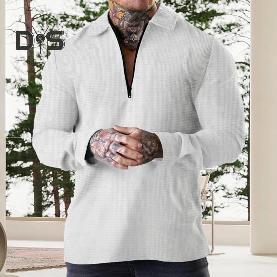 

Men Lapel Zipper Neckline T shirt Long Sleeve Waffle Texture Solid Color Pullover Shirt Loose Fit Gym Fitness Tops 2XL чёрный