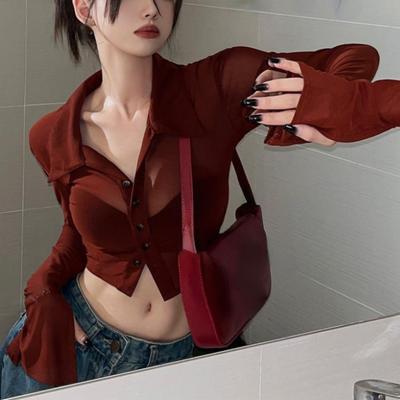 Deeptown Vintage Streetwear Crop Blouses Women Solid Sexy See Through Transparent Mesh Tops Female Long Sleeve Slim Fit Shirt