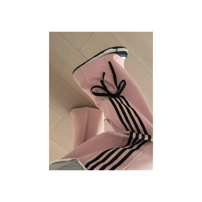 Women's Black Wide-Leg Sports Pants with Bow Design - Early Spring Casual, Loose Fit