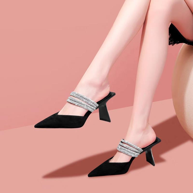 Fashion Women's Baotou Slippers Summer New Pointed Crystal Thin Strap Cover Foot Anti-slip Wear-resistant High Heels