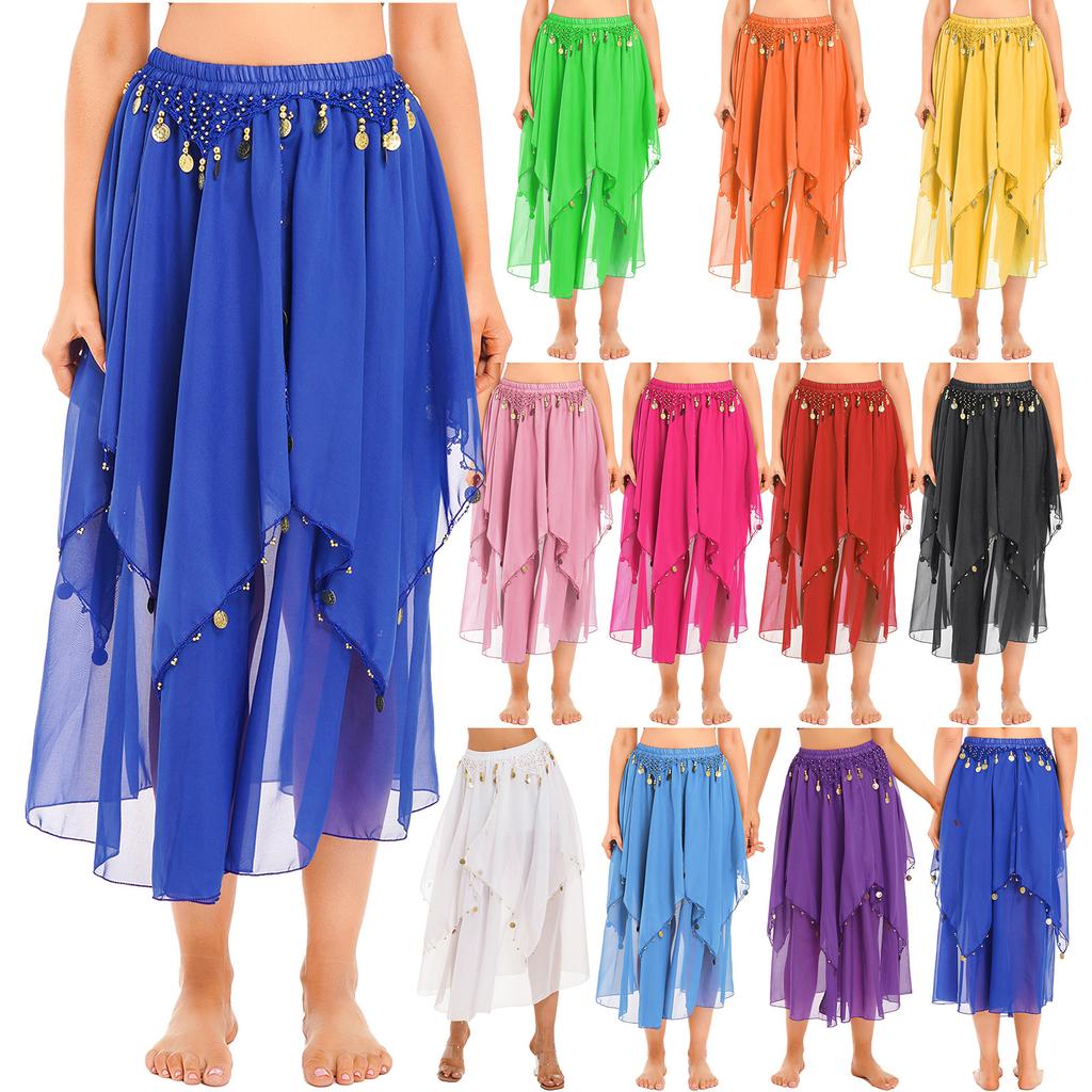 Ladies Sequin Beaded Belly Dance Skirt Chiffon Fabric Elastic Waistband Performance Costume Practice Dancewear