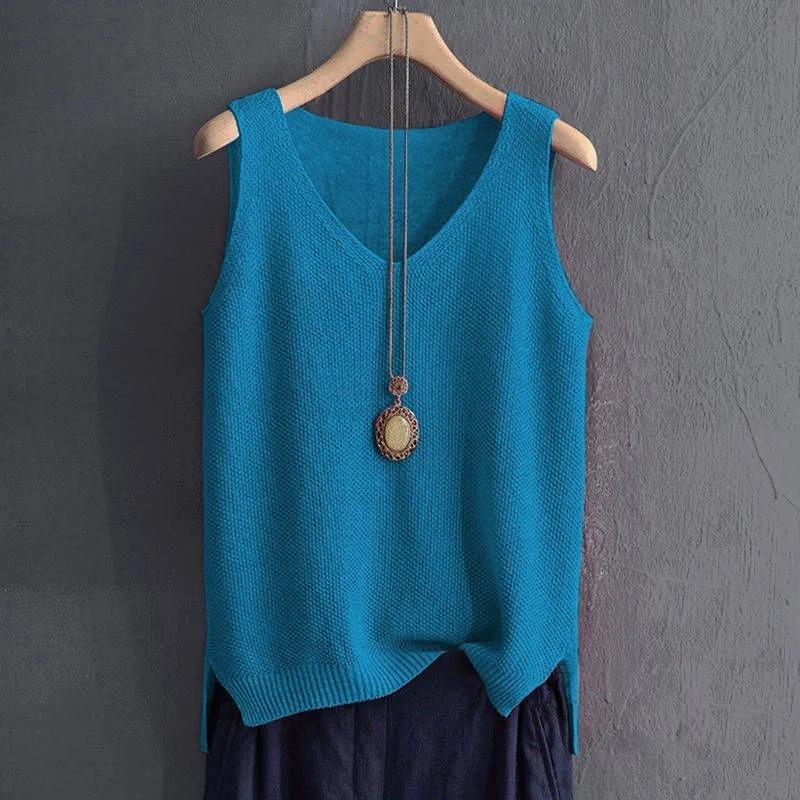 Fashion Large Size Ice Silk Suspender Vest Women's V Neck Knitted Bottoming Shirt Sleeveless Top Elegant Solid Color Loose Casual Simple Shirts
