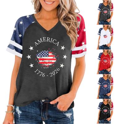 Women Casual V Neck Short Sleeve Pullover T Shirt Independence Day Graphic Print Top Loose Fit Comfortable Summer Tee