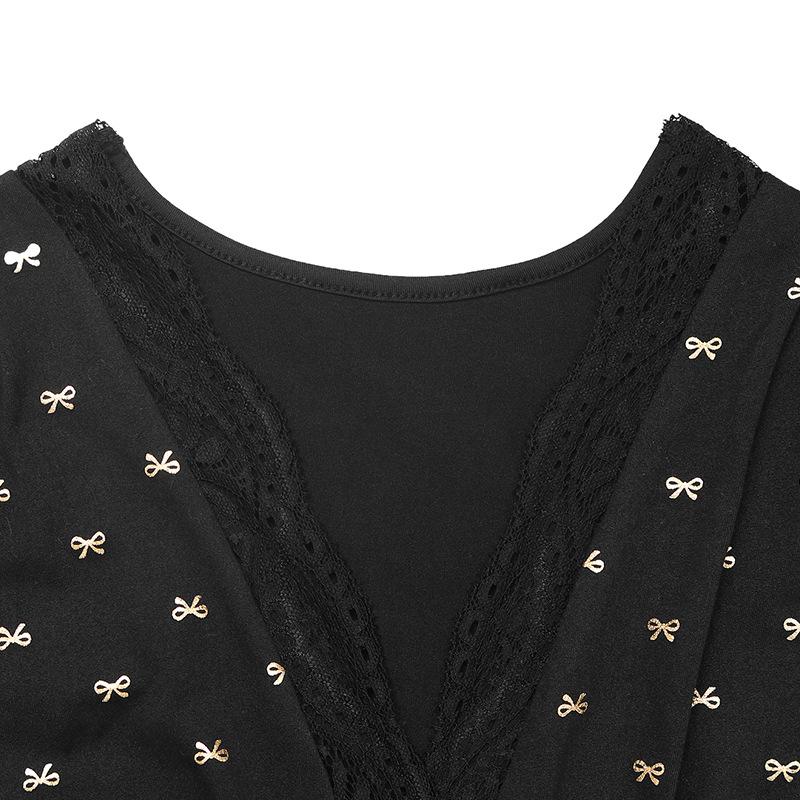New Autumn Elegant Retro Style Lace V-neck Bow Printed Long Sleeved Dress