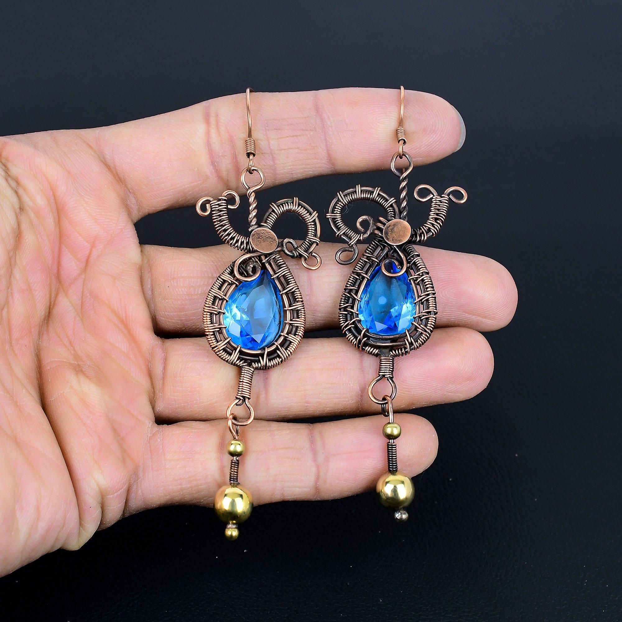 

Серьги с голубым топазом, серьги, обернутые медной проволокой 999 пробы, серьги из драгоценных камней ручной работы ко Дню памяти 3.77 Inches