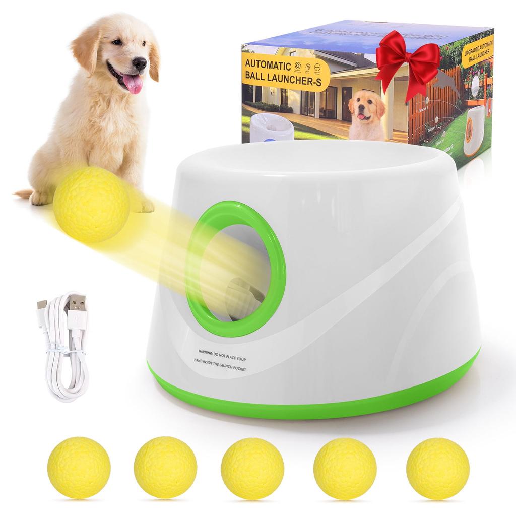 Lanceur de balles automatique pour chiens, Machine interactive de lancer de balle avec 3 niveaux de distance(20-46 pieds) & 5 Balles, Lanceur de Balle pour Chien pour Jouer à l'Intérieur et à l'Extérieur