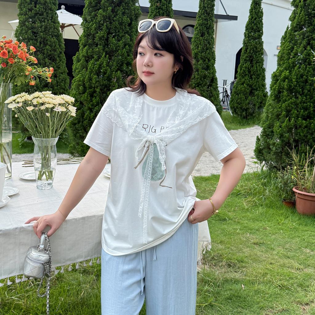 Large size women's versatile sister crew neck T-shirt 2026 summer design beautiful short-sleeved top 254764