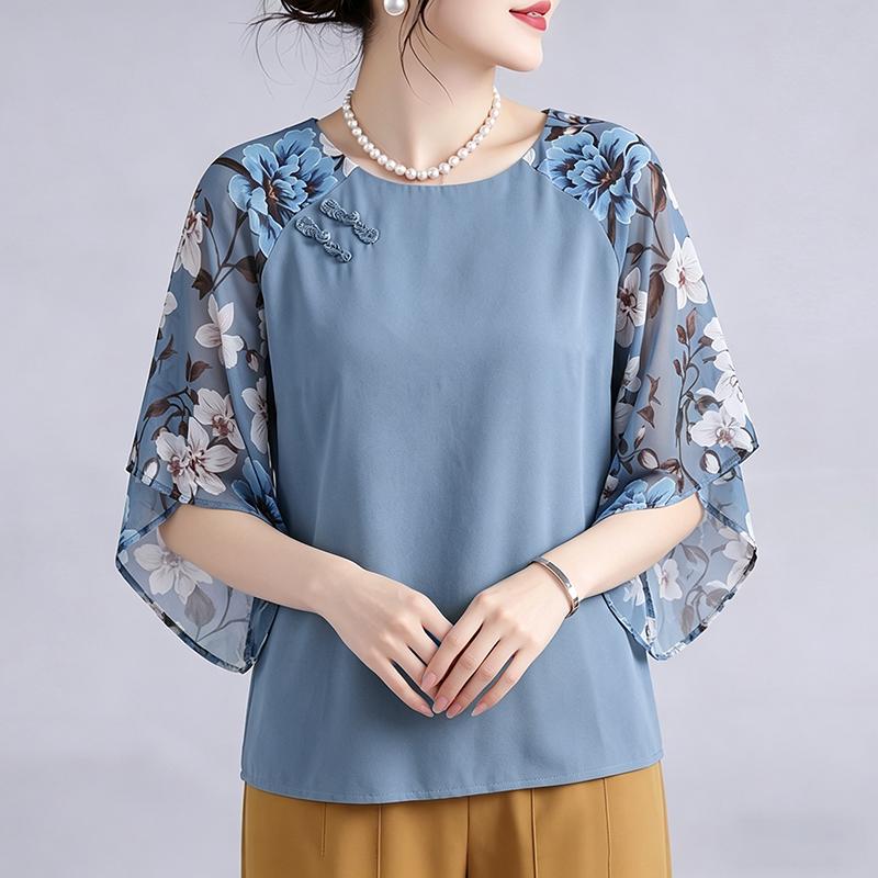 ZANZEA Women Casual Round Neck Print Splice Half Sleeve Blouse S