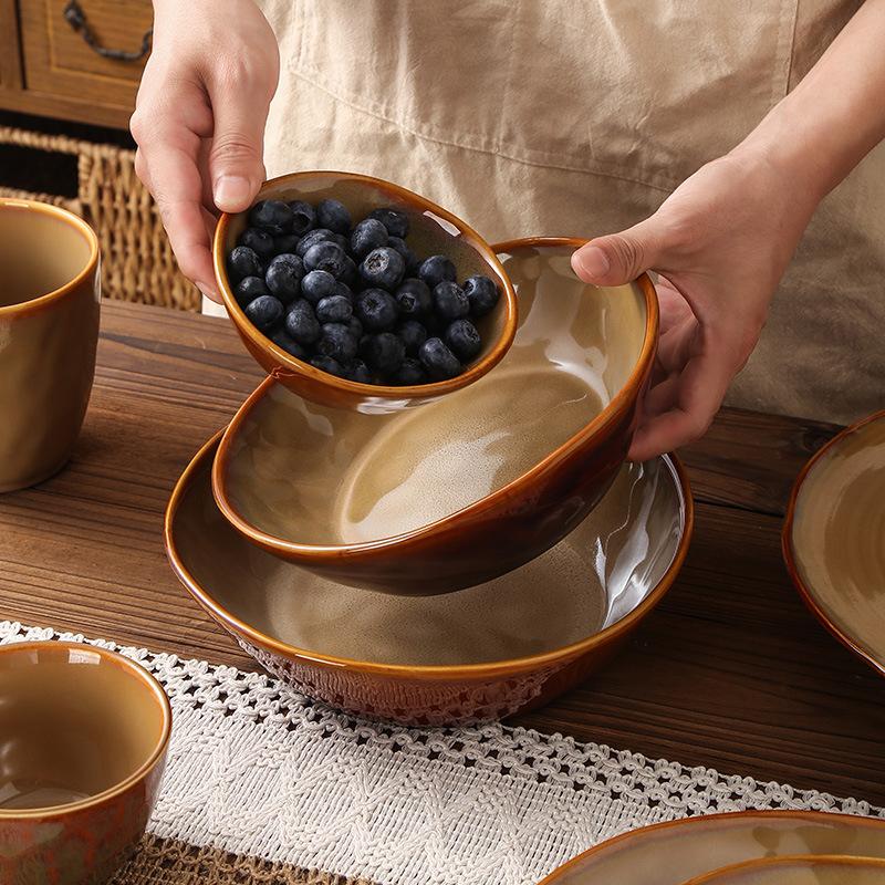 Retro Bowl Set, Special-shaped Large, Medium and Small Bowls, Kiln-changed Ceramic Tableware Creative Hotel Steak Plate